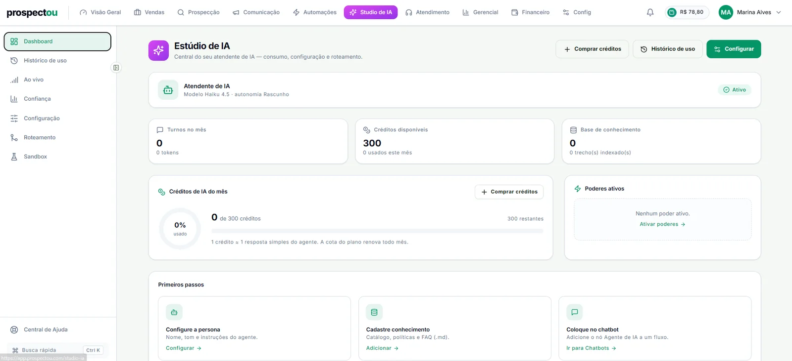 Estúdio de IA da Prospectou, com status do agente e créditos disponíveis